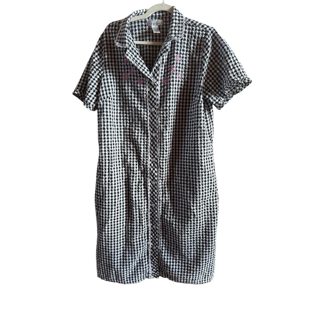 Intimate‎ Essentials Retro House Coat Robe Woman Large Black White Gingham Lace